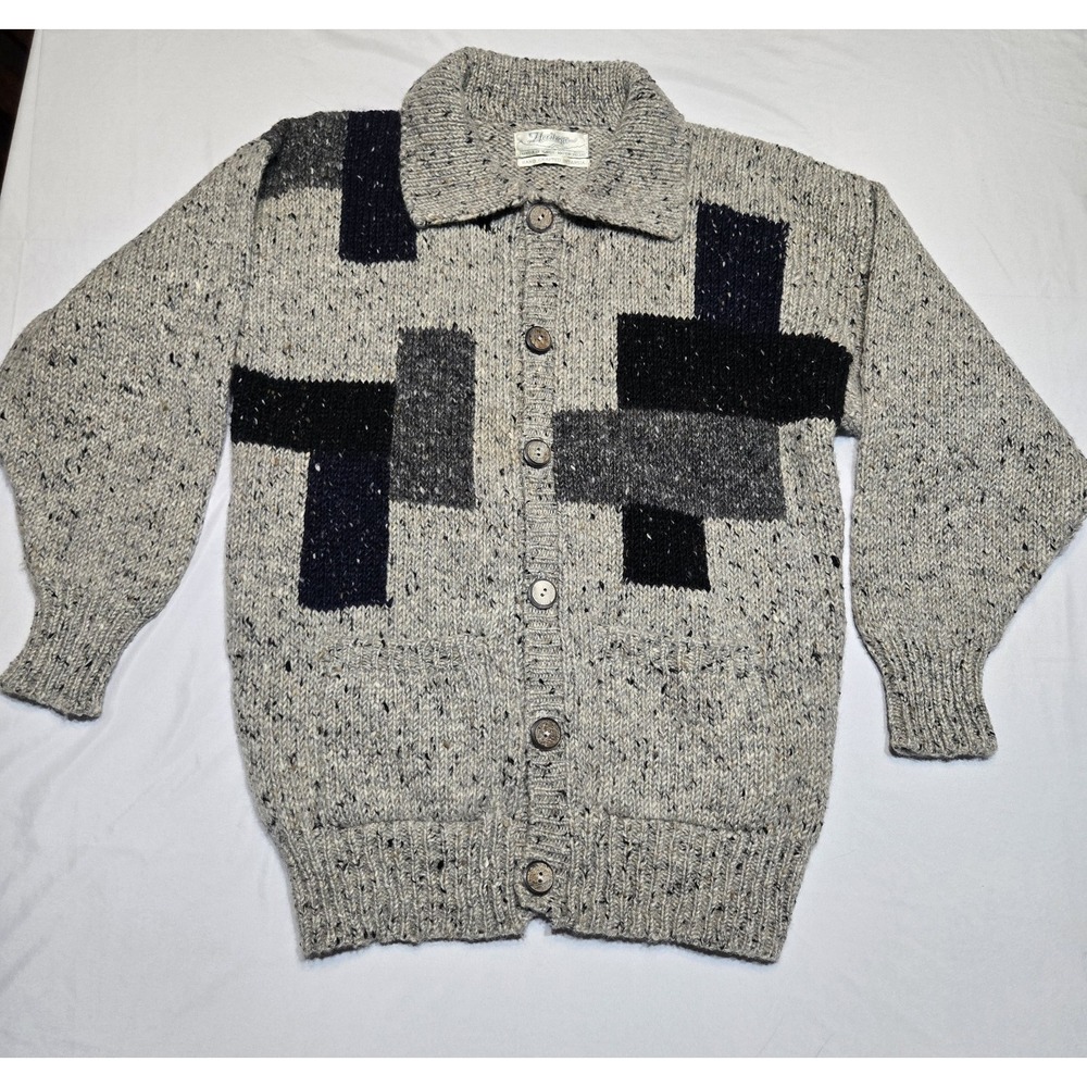 Vtg Heritage of Ireland Pure Wool Intarsia Cardigan Sweater Mens Large Grey Blue
